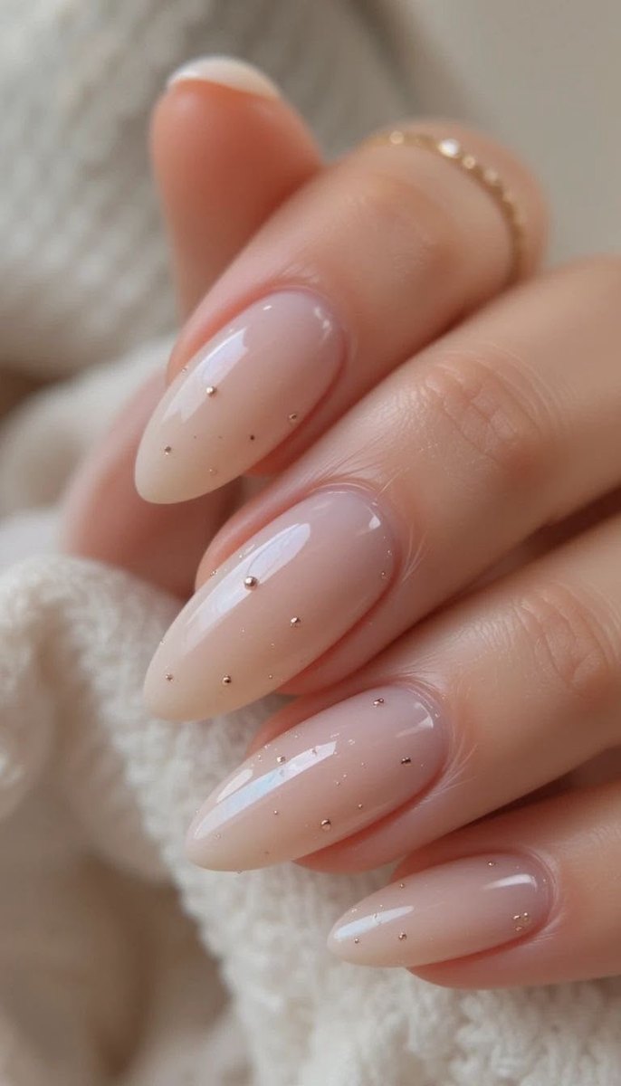 Milky nude almond nails scattered with tiny gold studs